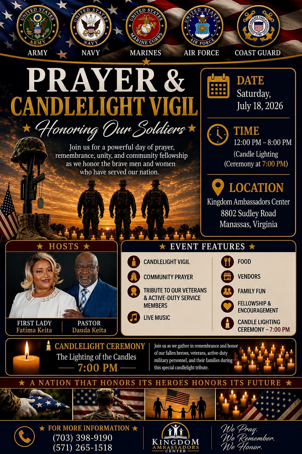 Prayer & Candlelight Vigil honoring our soldiers, July 18 2026 at Kingdom Ambassadors Center in Manassas, Virginia
